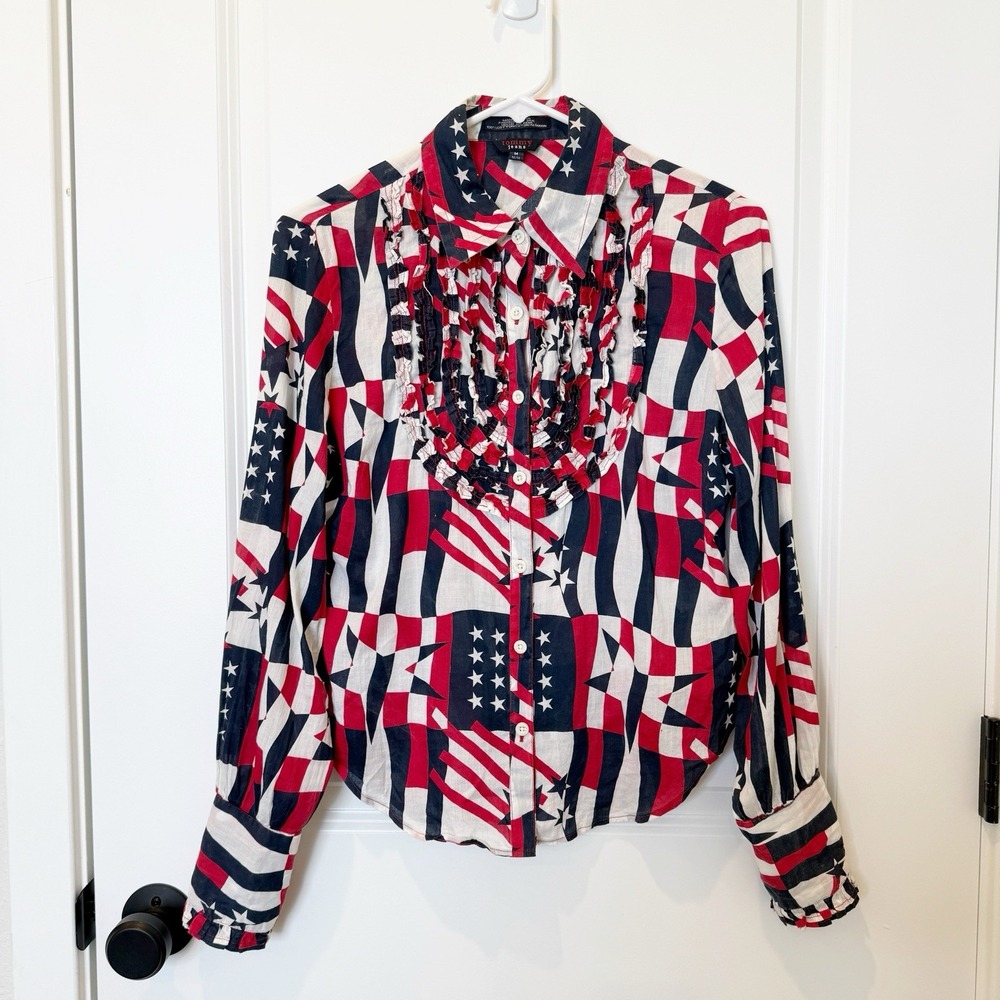 VTG Tommy‎ Hilfiger Womens Patriotic Flag Ruffle Top Size M Americana Heritage